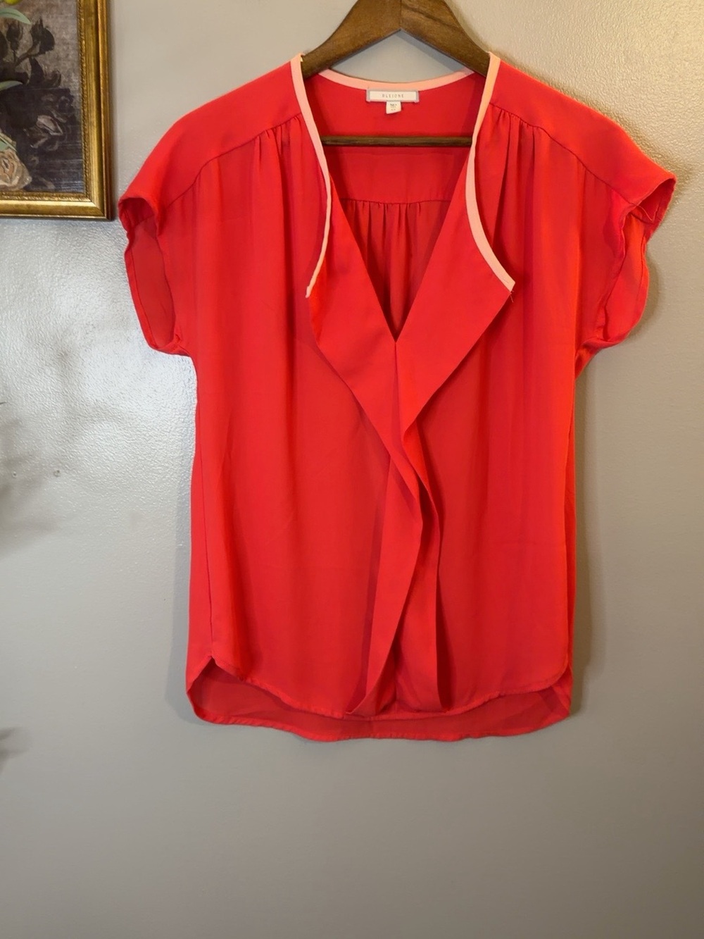 Pleione XS Coral Red Draped Waterfall Blouse Short Sleeve Made USA - Picture 5 of 8